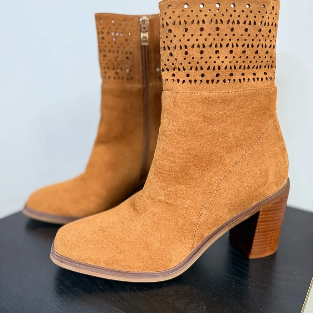 Camel Faux Suede Perforated Ankle Boots Stacked Heel Size 10